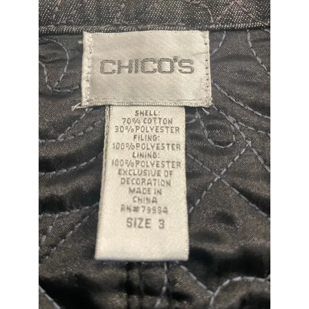 Chico's Charcoal  Black Floral Quilted Jacket Blazer 3/XL Faux Leather accents